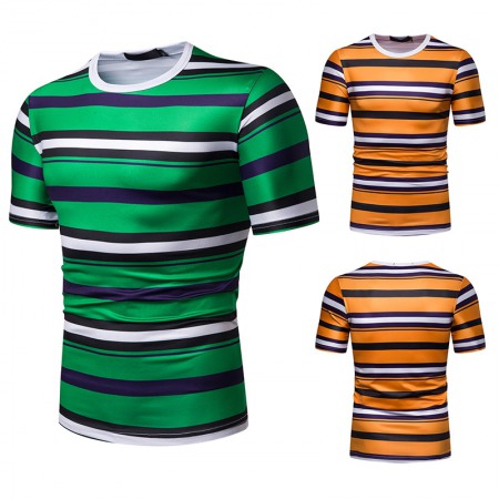 New Summer Men's Short-Sleeved T-Shirt Mens Contrast Striped Slim-Fit T-Shirt